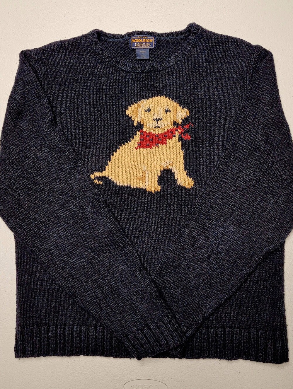 Woolrich Womens L Navy Crewneck Pullover Knit Sweater Dog Golden Vintage